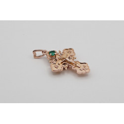 14K Rose Gold Eastern Orthodox Cross – Necklace with natural Emerald 5mm