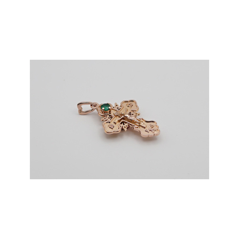 14K Rose Gold Eastern Orthodox Cross – Necklace with natural Emerald 5mm