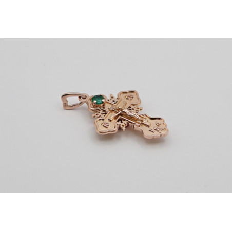14K Rose Gold Eastern Orthodox Cross – Necklace with natural Emerald 5mm